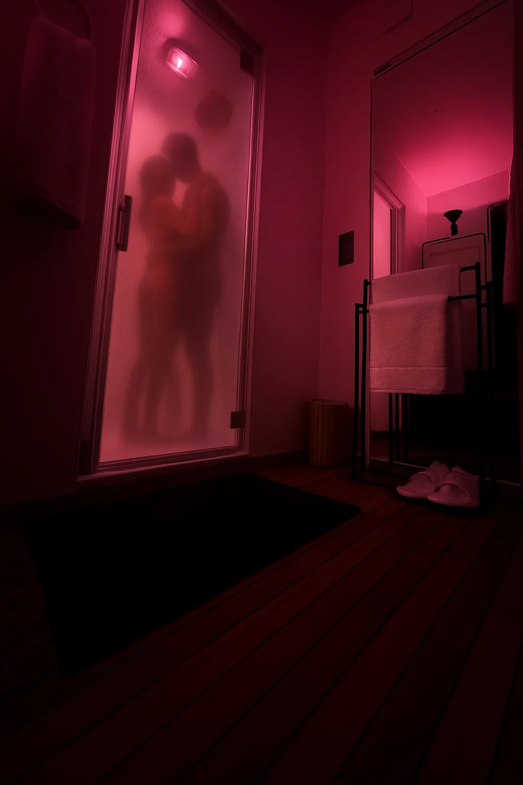 Silhouette derrière la porte du hammam sous une lumière rose