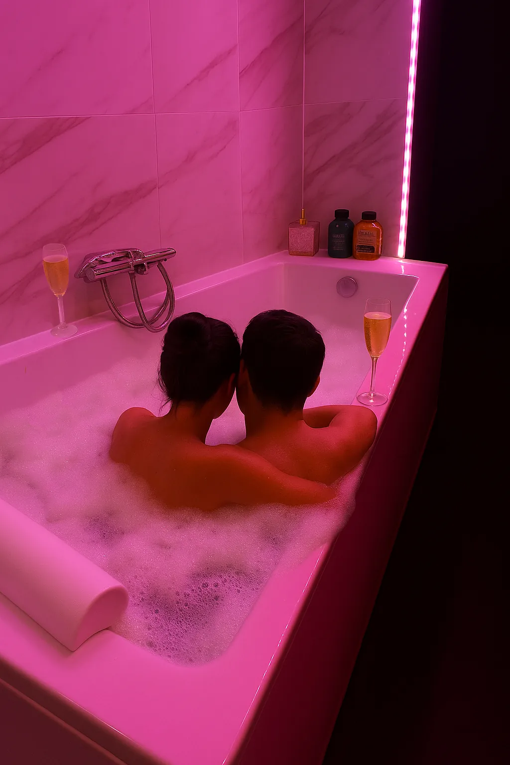 Couple dans la balnéo sous une lumière rose